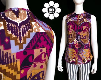 Colete hippie longo vintage fabuloso em veludo geométrico roxo dos anos 70