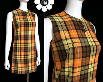 Iconic Mod Vintage 60s 70s Yellow Orange Brown Plaid Sleeveless Jumper Dress