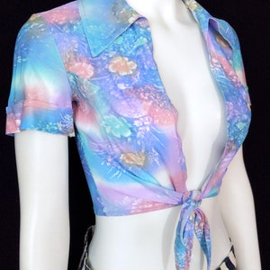 Sexy Vintage 60s 70s Pastel Blue & Purple Cropped Tie Shirt image 5