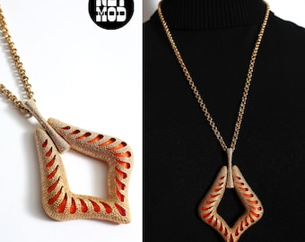 Interesting Vintage 70s Gold Abstract Shapes Pendant Necklace with orange Back-Lay