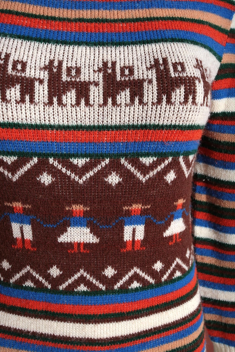 May include: A colorful sweater with a pattern of brown llamas and figures in traditional clothing. The sweater features horizontal stripes in red, blue, white, and brown. The sleeve is visible on the right side.