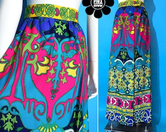 Absolutely Beautiful Vintage 70s Colorful & Bright Day Glow Art Nouveau Maxi Skirt