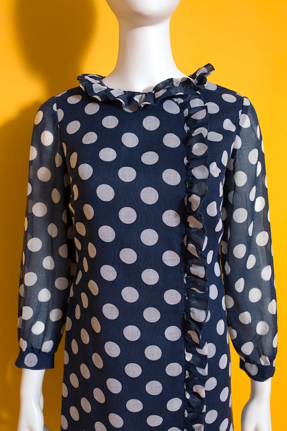 Iconic Vintage 60s Navy Blue & White Polka Dot Mo… - image 3