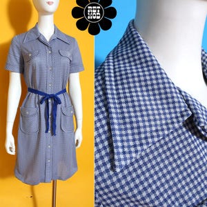 Mod Vintage 60s 70s Blue Gingham Plaid Collared Shirt Shift Dress with Pockets