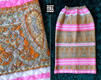 Psychedelic Vintage 60s 70s Pink Orange Paisley Stripe Quilted Maxi Skirt