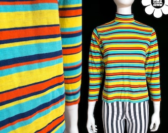 Iconic Mod Vintage 60s 70s Bright Yellow Blue Orange Stripe Turtleneck Top by Ship 'n Shore