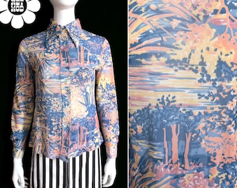 Blue Lake & Trees Landscape Novelty Print 70s Long Sleeve Collared Lightweight Shirt