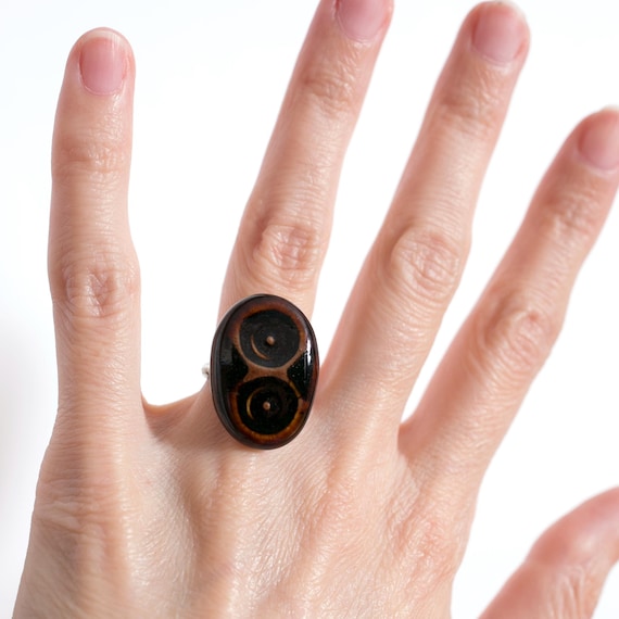 Unique 70s Brown Two Dots Ceramic Adjustable Ring - image 3
