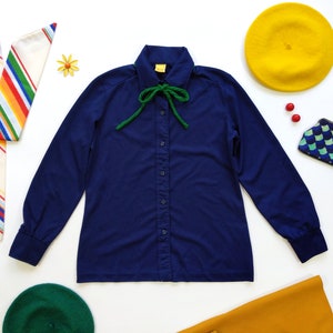Vintage 60s 70s Dark Navy Blue Long Sleeve Collared Shirt