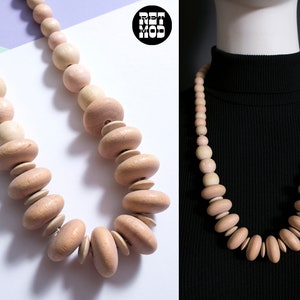 Fashionable Vintage 80s Natural Pastel Wood Beaded Chunky Statement Necklace image 1