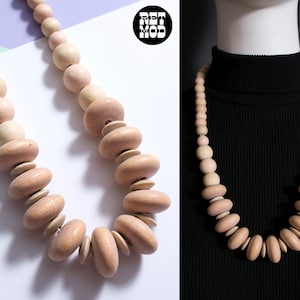 Fashionable Vintage 80s Natural Pastel Wood Beaded Chunky Statement Necklace