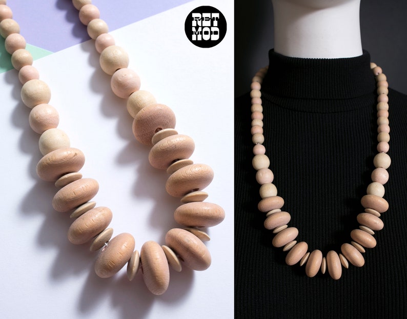 Fashionable Vintage 80s Natural Pastel Wood Beaded Chunky Statement Necklace image 1