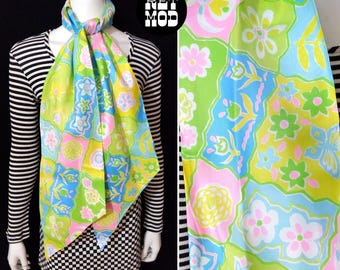 NWOT Vintage 60s 70s Pastel Green Pink Blue Yellow Flower Power Butterfly Patterned Large Long Scarf