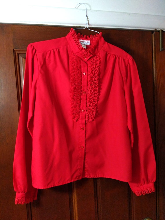 Vampy Vintage 70s 80s Red Ruffle Lace Long Sleeve… - image 3