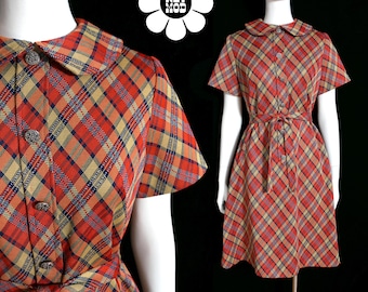 Iconic Mod Vintage 60s 70s Orange Gold Navy Plaid Dress with Peter Pan Collar