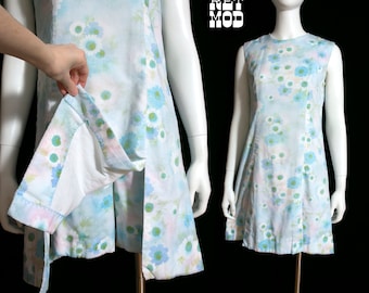 Two-Piece Shorts & Mini Dress - Vintage 60s 70s Pastel Blue and White Floral Cotton Set