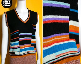 Geometric Vintage 70s Black Orange Blue Bars Sweater Vest by Banff Sweater Bee