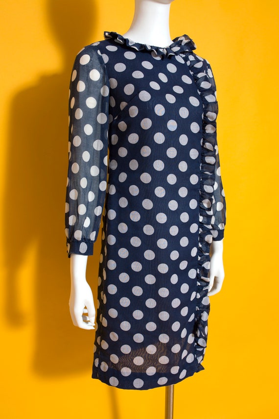 Iconic Vintage 60s Navy Blue & White Polka Dot Mo… - image 7