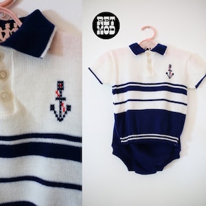 CHILD SIZE - Awesome Vintage Nautical Navy Blue & White Stripe Knit Two-Piece Set with Anchor Embellishment