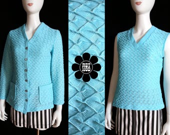 Beautiful Vintage 60s 70s Light Blue Bargello Woven Two-Piece Top Set