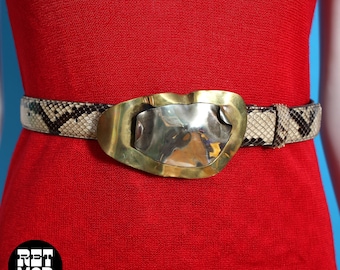 Statement Vintage 80s 90s Snakeskin Leather Belt with Sculptural Metal Buckle