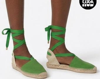 Iconic Handmade Kiwi Green Cotton Canvas Lace Up Espadrilles - Size 36