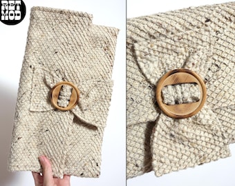 NWOT Boho Vintage 70s Natural Fiber Clutch Purse with Wood Buckle
