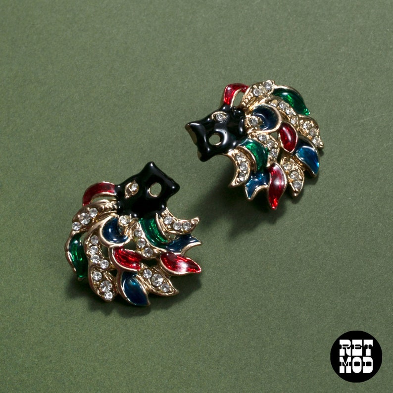 Chic Vintage 80s 90s Black Lion Head Earrings with Rhinestones & Red, Green and Blue image 1