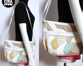 Lovely Vintage 80s Pastel Leather & Suede Patchwork White Pocketbook Purse
