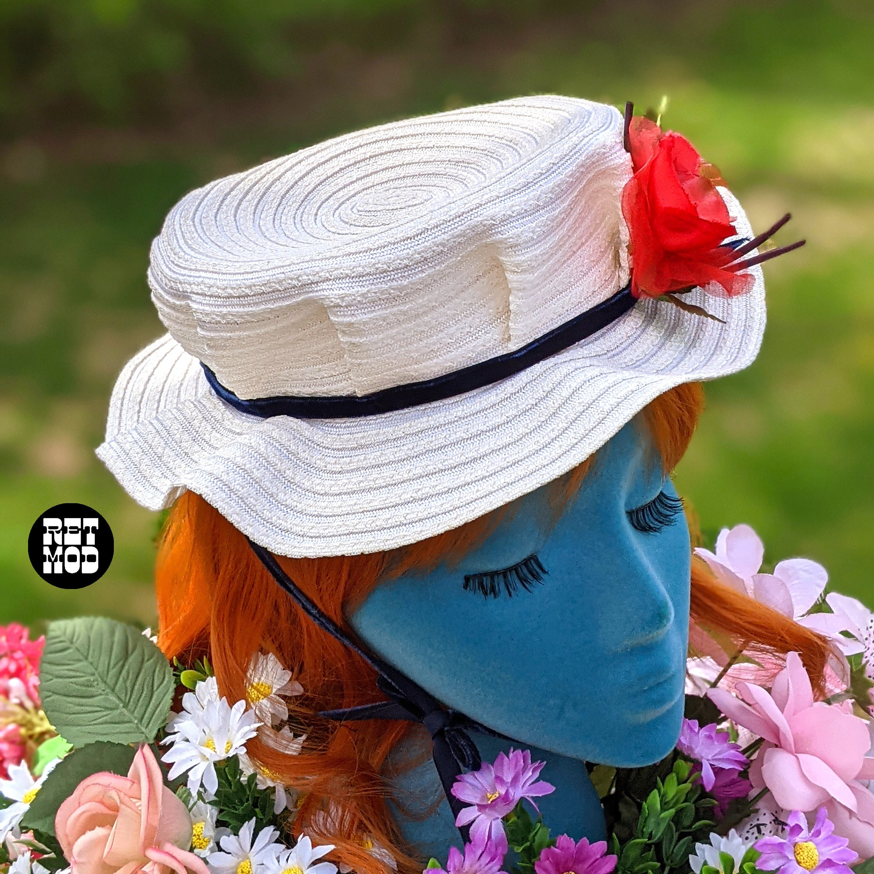 Super Cute Vintage 50s Mini White Hat With Red Flower and Blue
