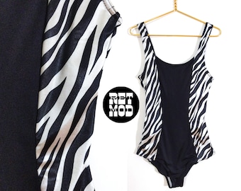 Cool Vintage 80s 90s Black White Animal Print One-Piece Swimsuit