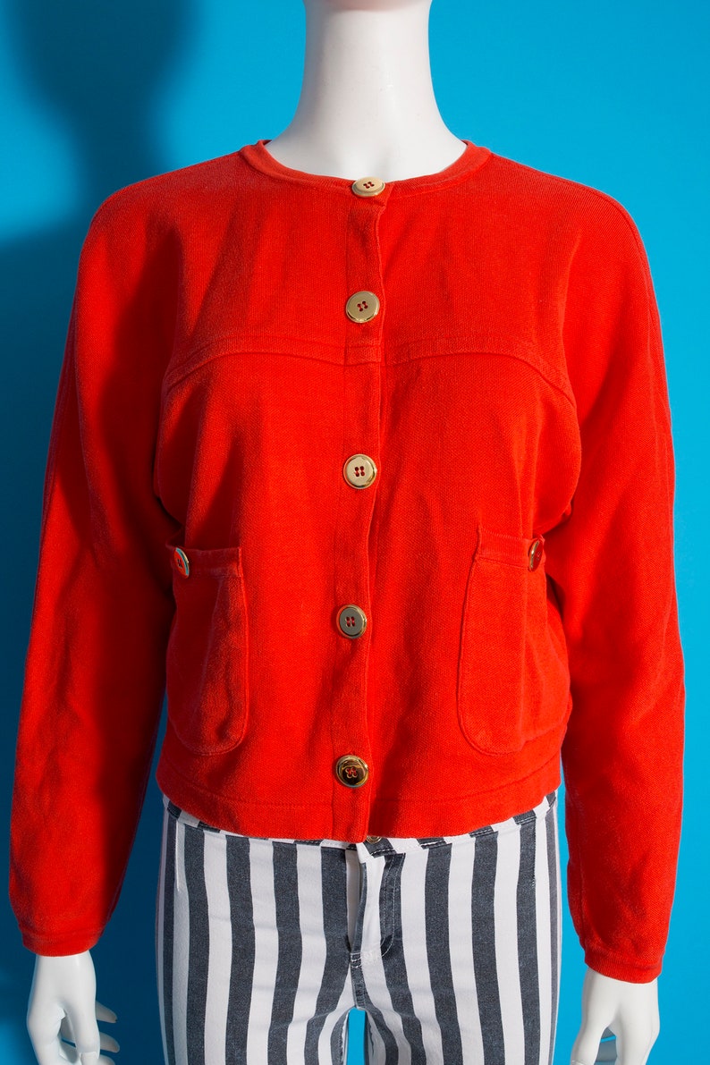 Bright Vintage 80s 90s Orange Cropped Sweatshirt Cardigan Top with Shiny Gold Buttons by Adrienne Vittadini image 5