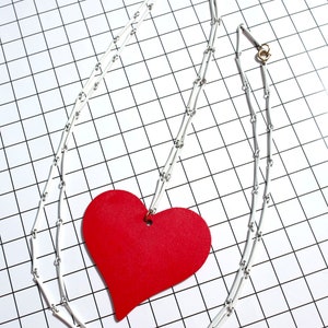 Groovy Vintage 60s 70s White Bar Chain Extra Long Necklace with Red Wood Heart Pendant image 2