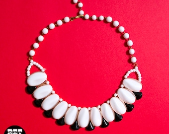 So Good Vintage 50s 60s White Black Glass Bead Necklace from West Germany