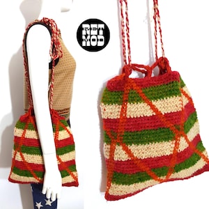 Bolso tipo cartera de lana tejida con rayas rojas, verdes y naranjas de estilo bohemio vintage de los años 70 y 80 de NWOT