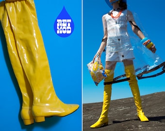 US 6.5/7 - SPACE AGE Vintage 60s 70s Yellow Vinyl Wet Look Over-the-Knee Thigh Boots