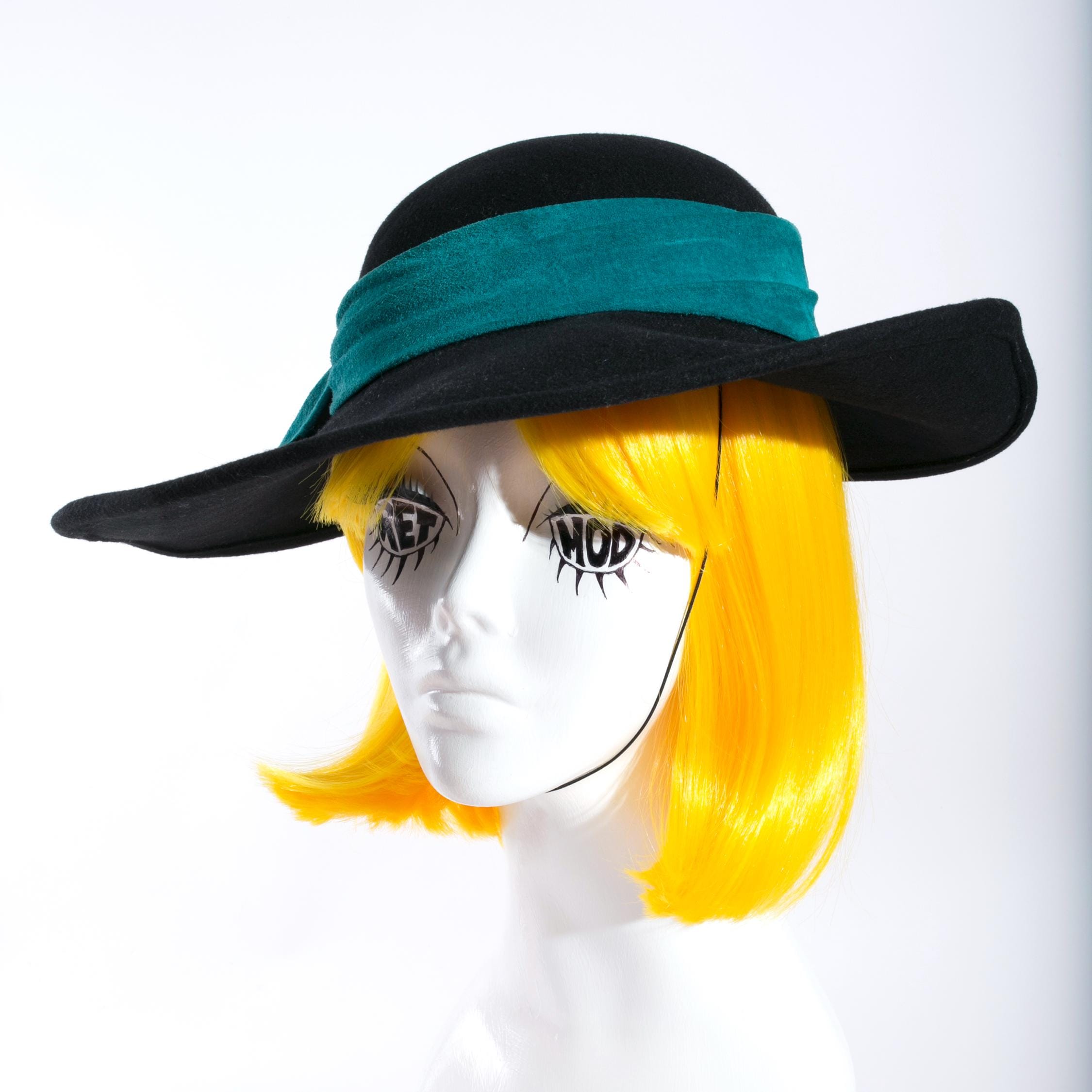 Fabulous Vintage 80s Black Felt Wide Brim Tilt Hat With Teal Suede