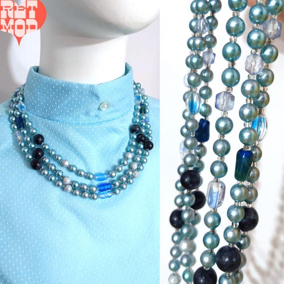 Collier Vintage Années 1960 - Double Rangs Perles Pâte De Verre Et Micro-perles - Bijou Ancien Occasion