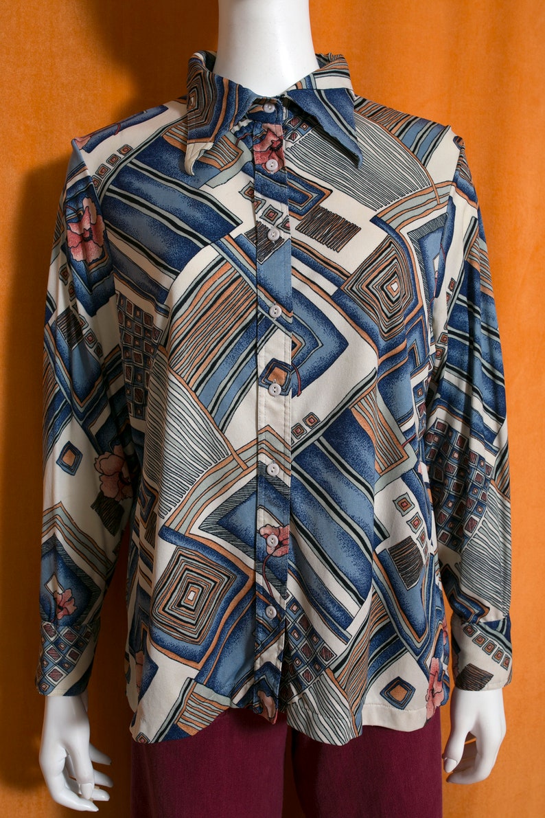 Unique Vintage 70s Blue Brown Abstract Patterned Long Sleeve Collared Shirt image 3