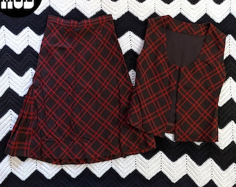Conjunto de colete e saia xadrez marrom escuro e vermelho, estilo Mod Vintage anos 50/60/70.