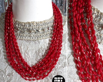 Fabulous Vintage 60s 70s Red Faceted Bead Multi-strand Statement Necklace