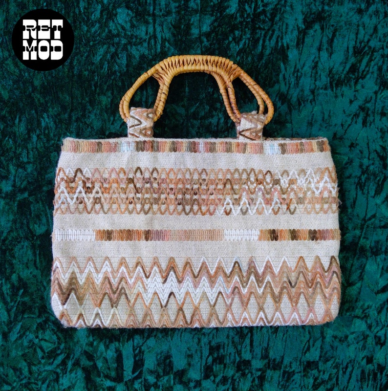 Vintage 70s 80s Beige Embroidered Chevron Patterned Burlap Purse with Wicker Handles image 1