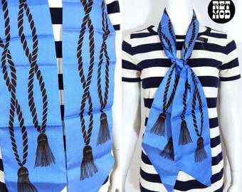 Summer Vibes Vintage 60s 70s Blue Nautical Rope & Tassel Print Long Scarf