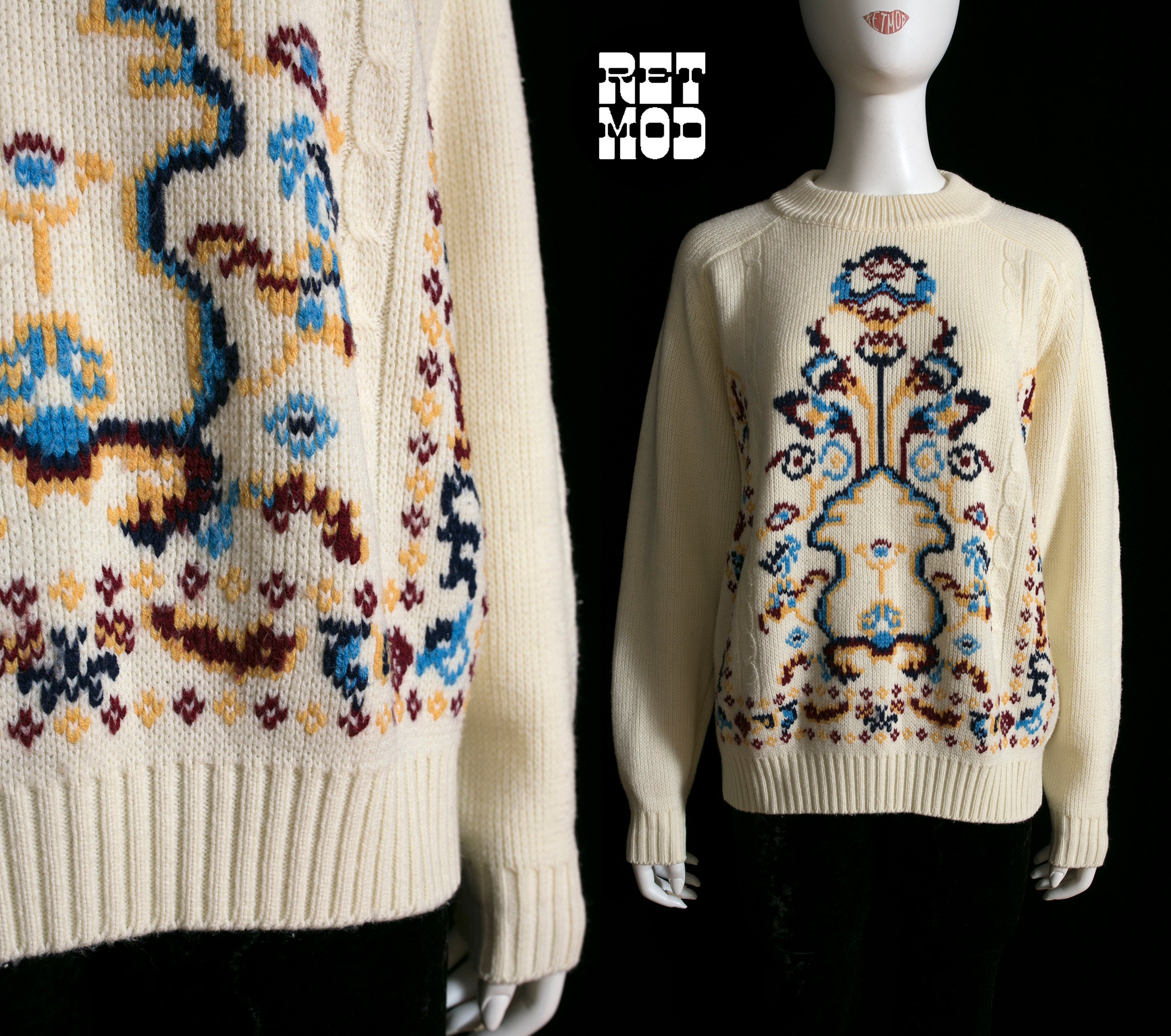Unique Vintage 70s 80s Oversized Chunky Sweater with Abstract Pattern 