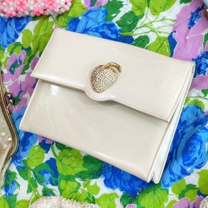 DEADSTOCK Fabulous Vintage Off-White/Khaki-Colored Patent Leather Shoulder Purse with Giant Rhinestone Strawberry image 4