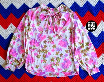 Just Lovely Vintage 60s 70s Bright Pink, Purple & White Floral Pussybow Blouse