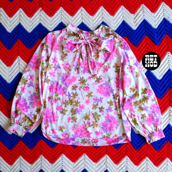 Just Lovely Vintage 60s 70s Bright Pink, Purple & White Floral Pussybow Blouse