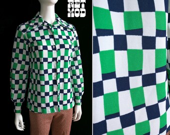 Op Art Vintage 60s 70s Green Navy White Psychedelic Check Long Sleeve Collared Blouse