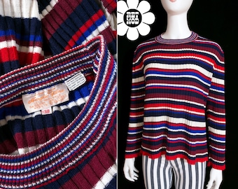 Comfy Vintage 70s Maroon Red Blue White Stripe Ribbed Long Sleeve Acrylic Knit Shirt