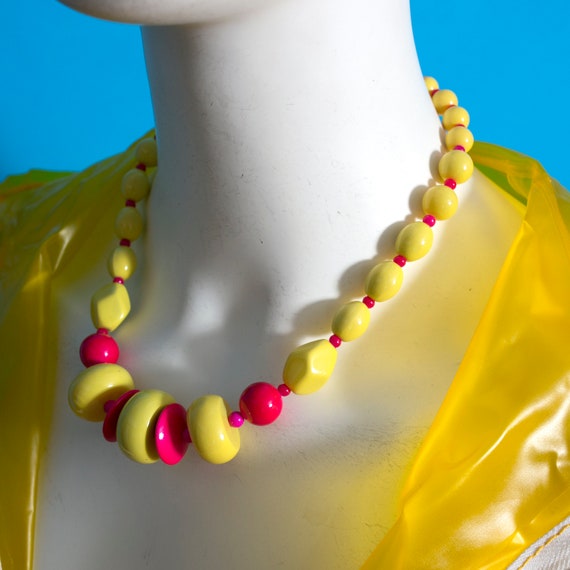 Bright Chunky Vintage Yellow Pink Beaded Statemen… - image 8